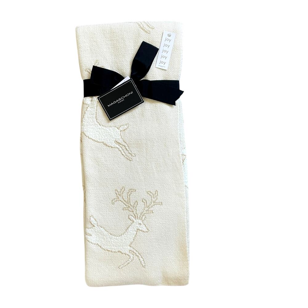 Magaschoni CHRISTMAS Reindeer Knit Holiday Throw 50x60 Holiday Cream & Gold New